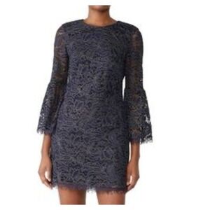 Dress the Population Lace Bell Sleeve Mini Cocktail Dress Metallic Navy Gold XS